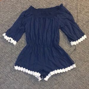 Blue poof off the shoulder romper
